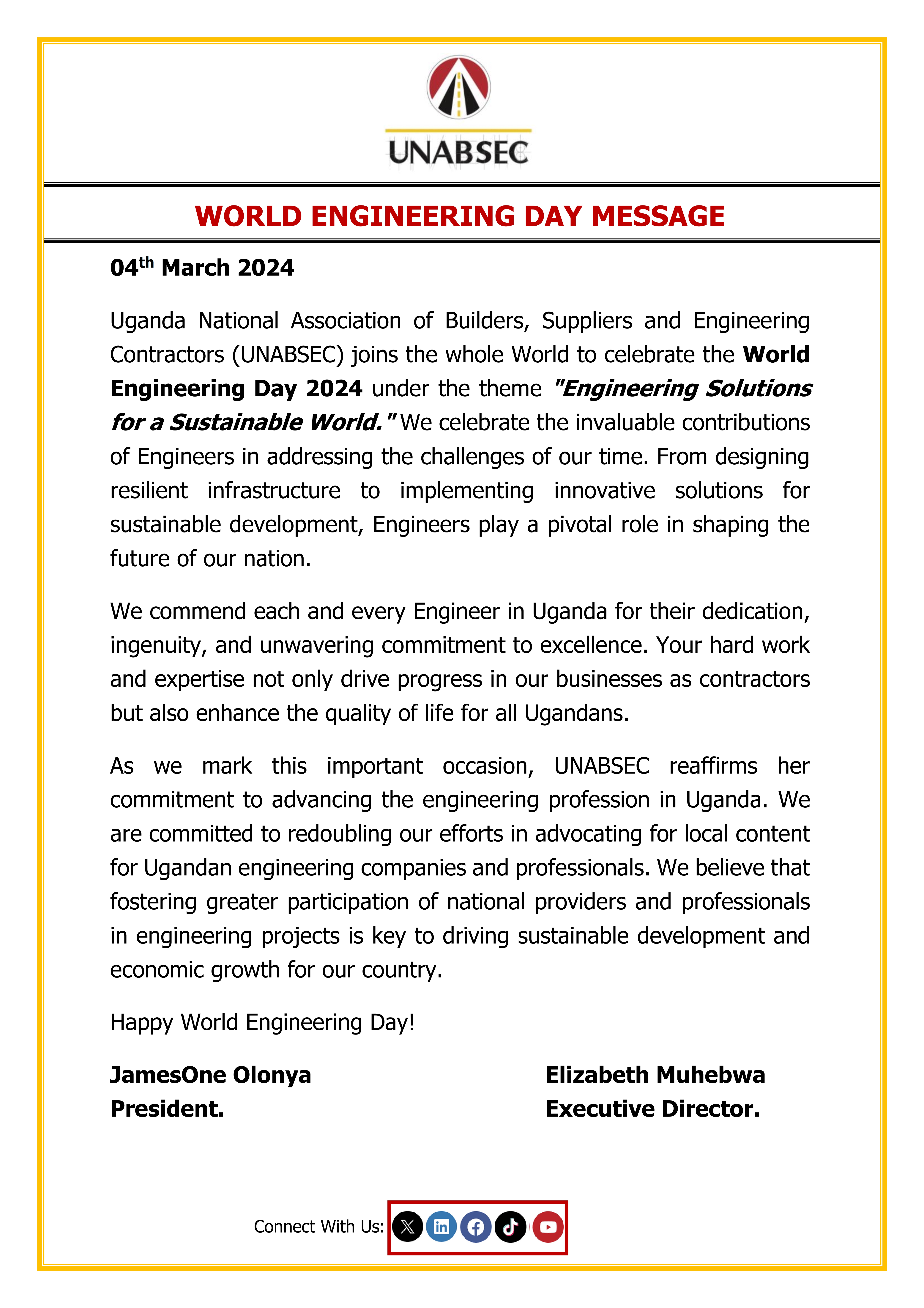 UNABSEC MESSAGE ON WORLD ENGINEERING DAY 2024